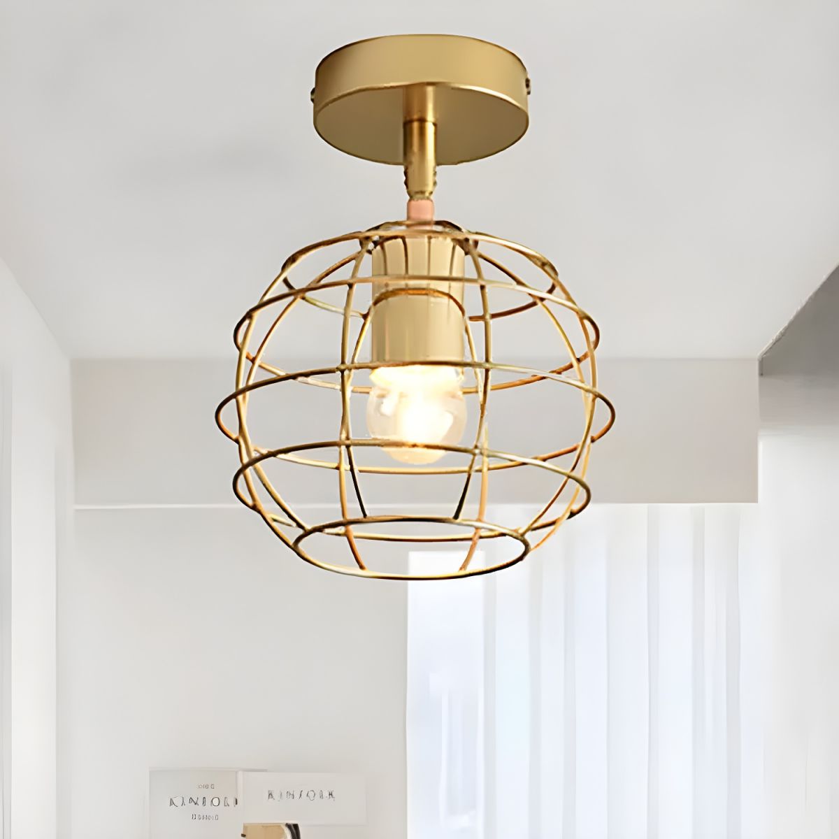 Ceiling Light Brass Wire Frame Industrial Semi Flush | Bravira