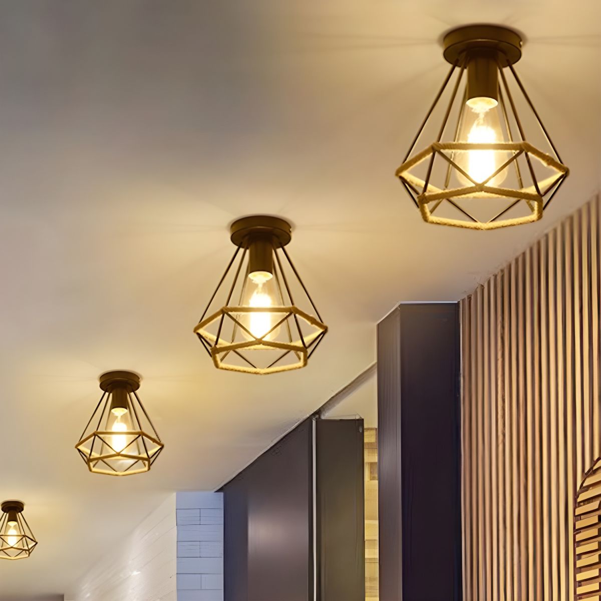 Ceiling Light Metal Rope Diamond Industrial Style | Norevo