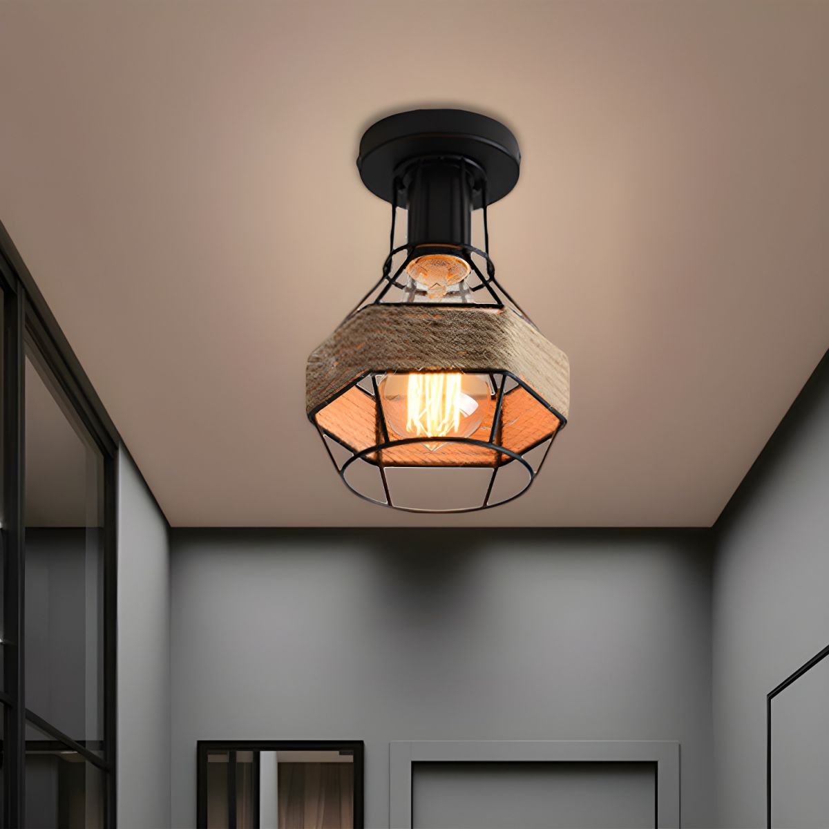 Ceiling Light Metal Rope Globe Cage Industrial Lodge | Veliro