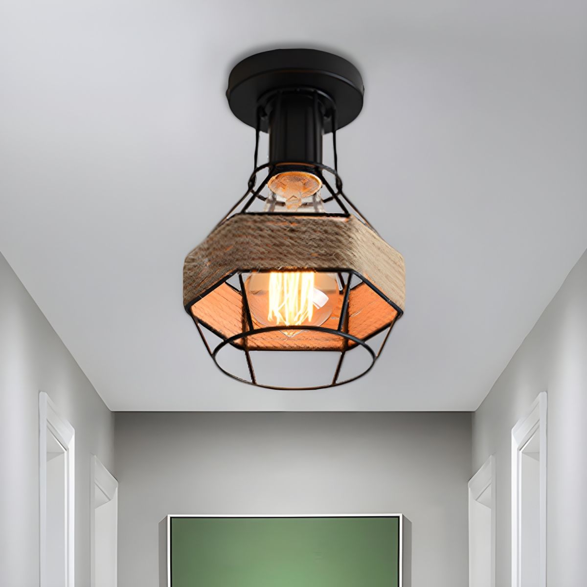 Ceiling Light Metal Rope Globe Cage Industrial Lodge | Veliro