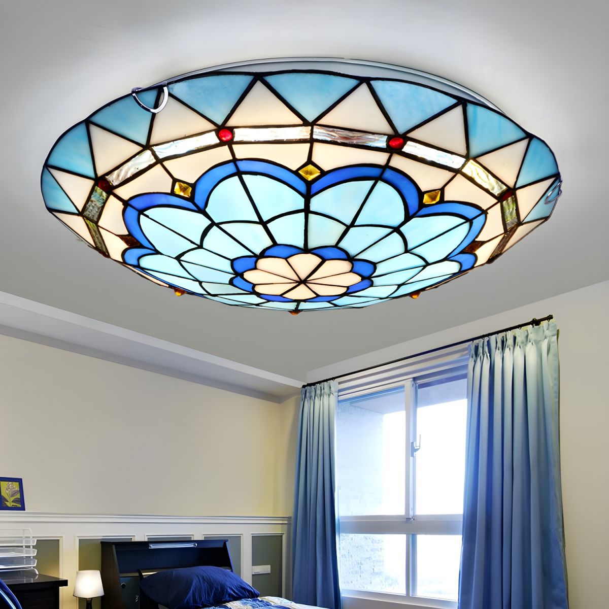 Ceiling Light Tiffany Glass Flush Mount in Blue | Olivra
