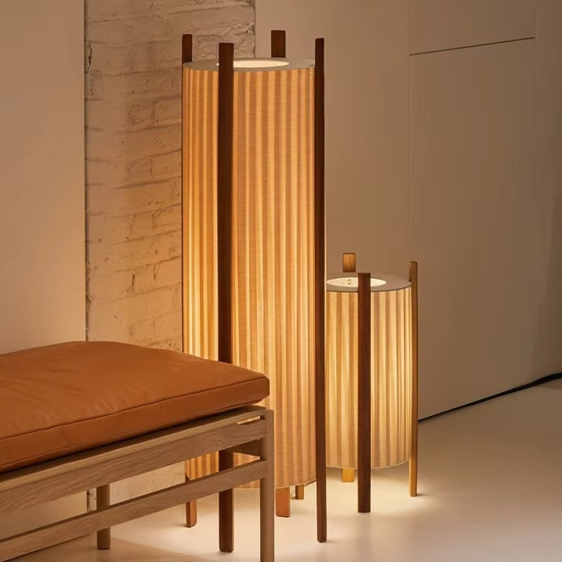 Floor Lamp Wood Grid with Fabric Shade Wabi Sabi Style | Ramiko