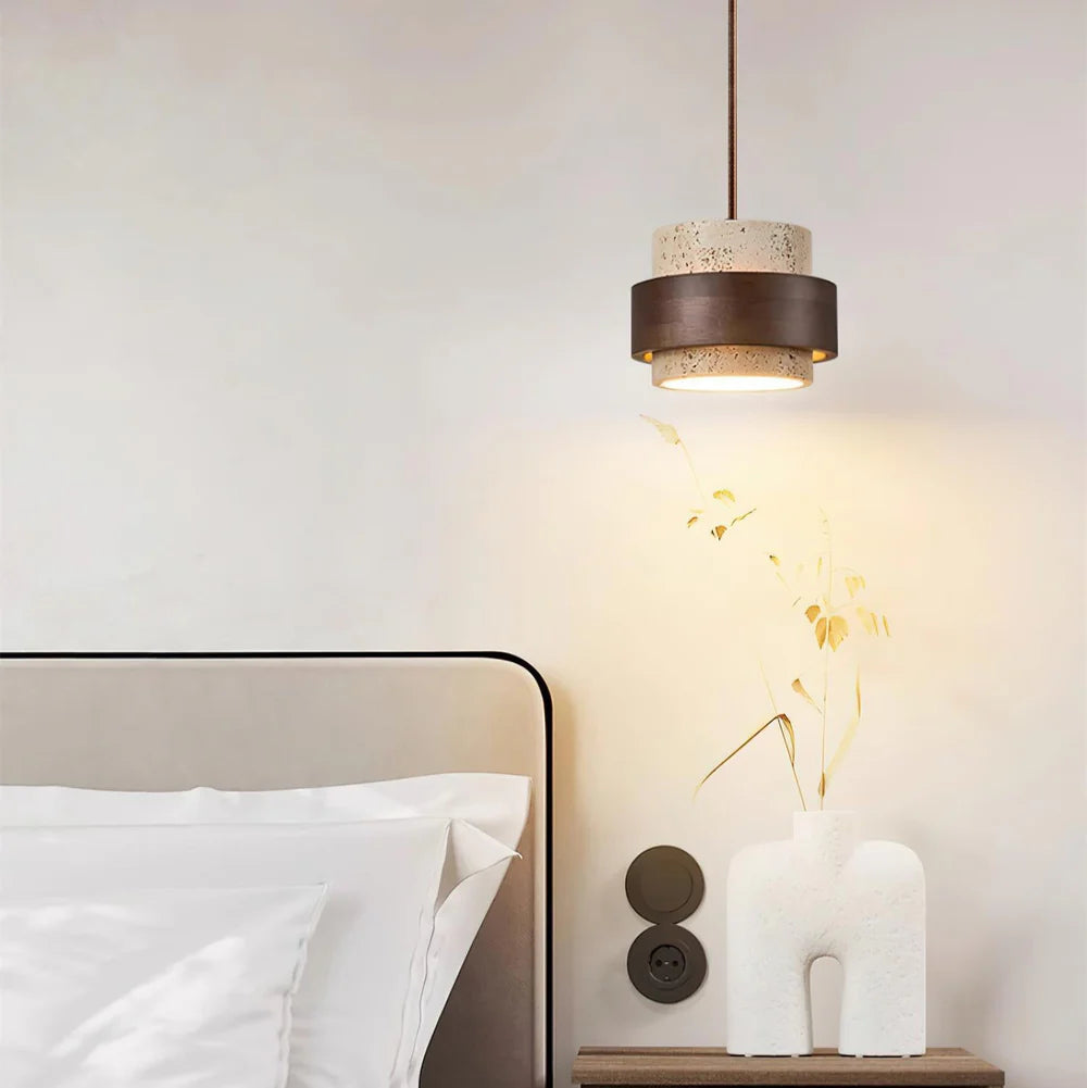Pendant Light Travertine Stone with Walnut Detail Modern | Travere