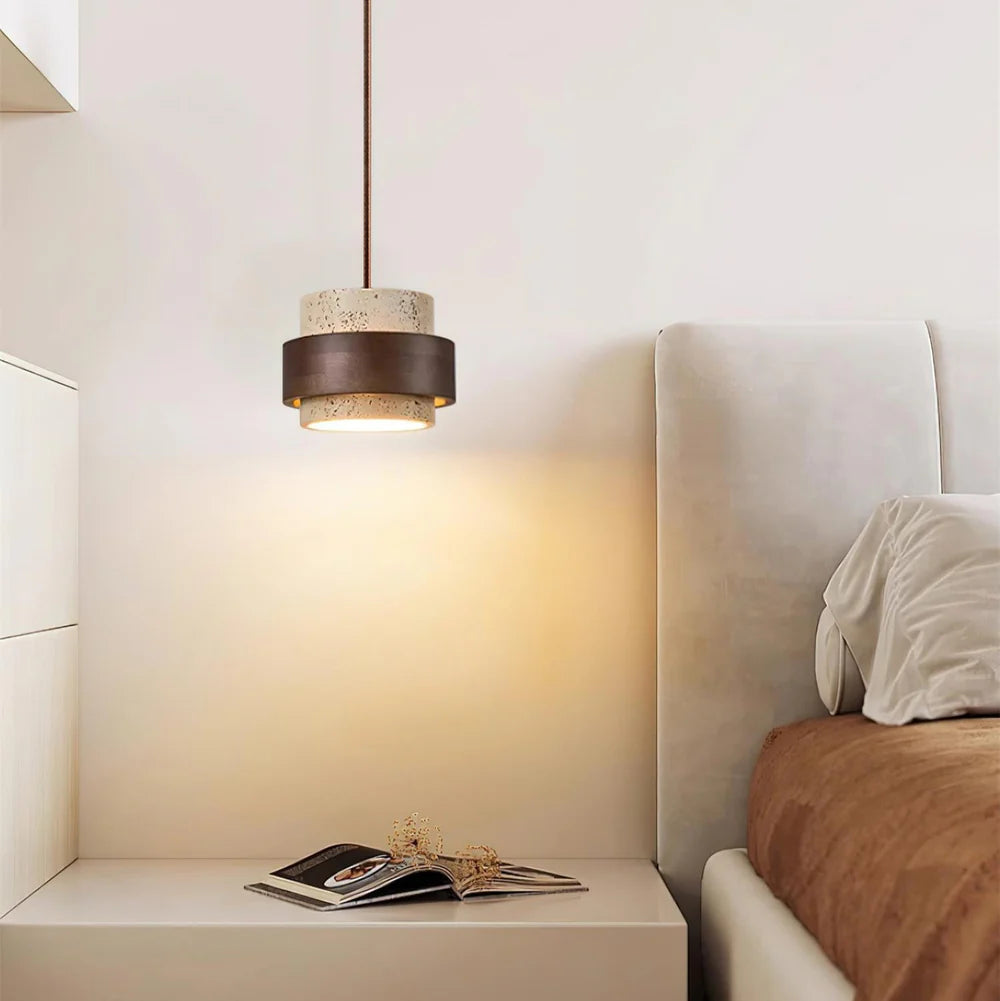 Pendant Light Travertine Stone with Walnut Detail Modern | Travere