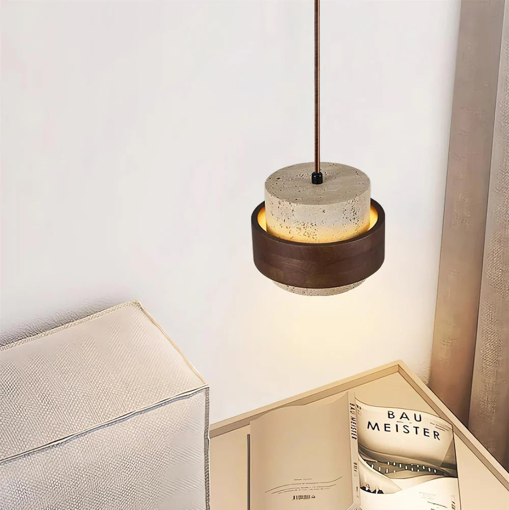 Pendant Light Travertine Stone with Walnut Detail Modern | Travere