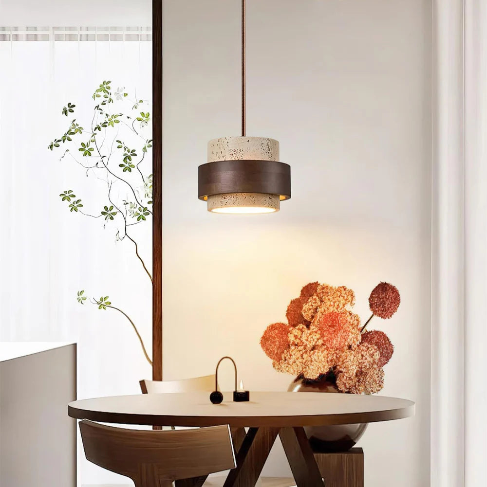 Pendant Light Travertine Stone with Walnut Detail Modern | Travere