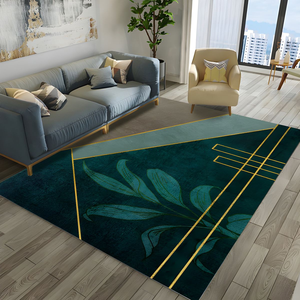 Rug with Emerald Geometric Design Modern Living Room | Meravo