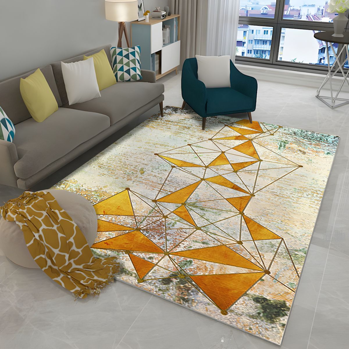 Rug with Golden Geometric Design Modern Living Room | Lureta