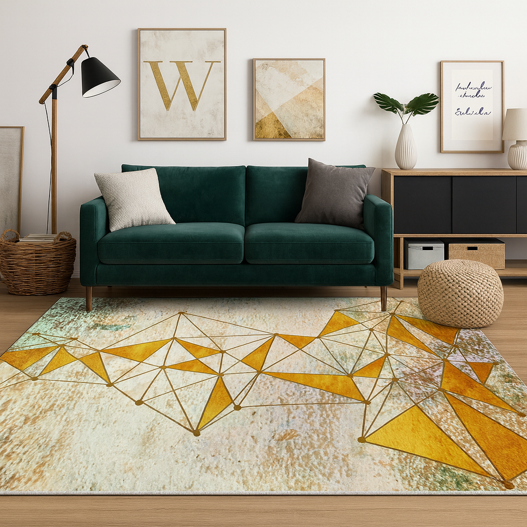 Rug with Golden Geometric Design Modern Living Room | Lureta