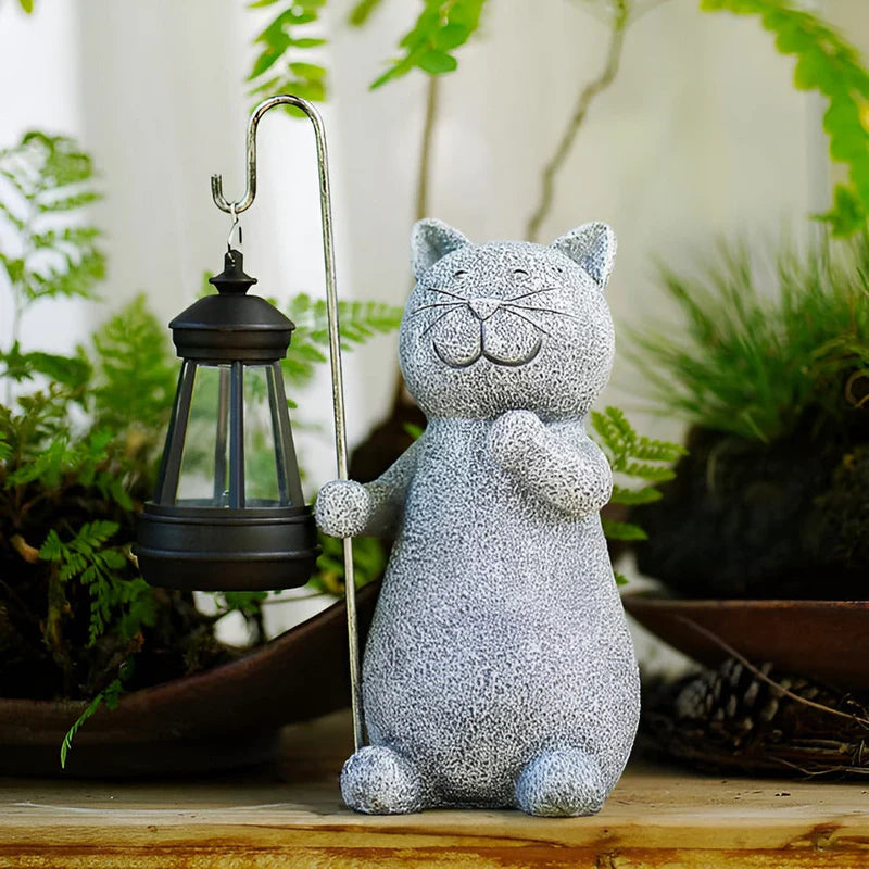 Solar Cat Garden Statue with Lantern Light | Felino