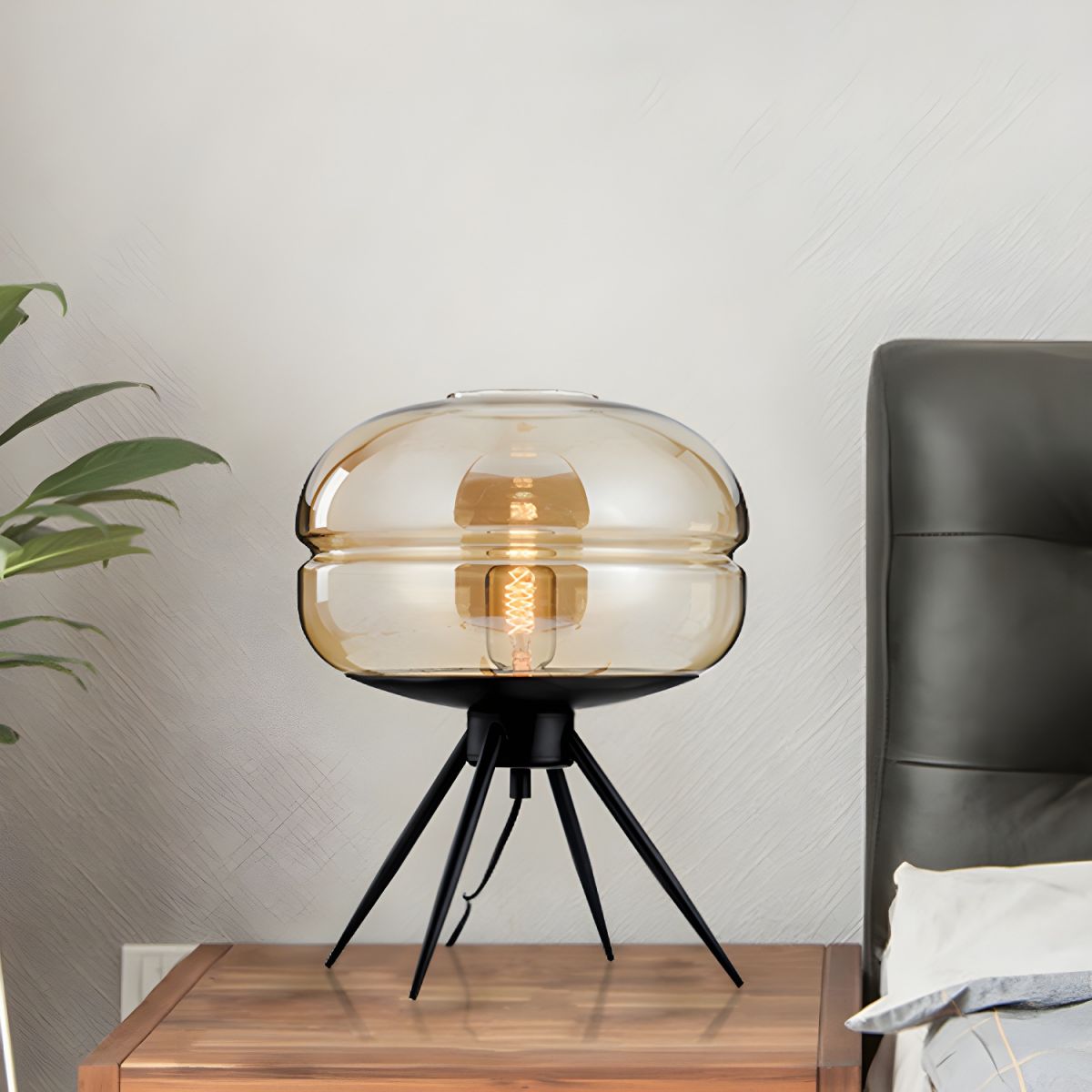 Table Lamp with Cognac Glass Drum Shade Nordic Style | Zerila