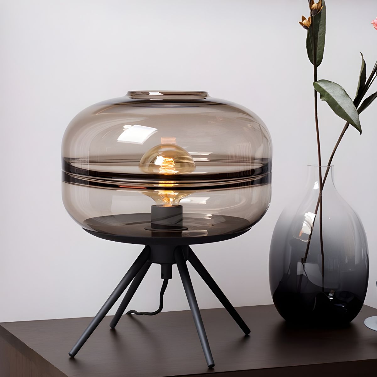 Table Lamp with Cognac Glass Drum Shade Nordic Style | Zerila