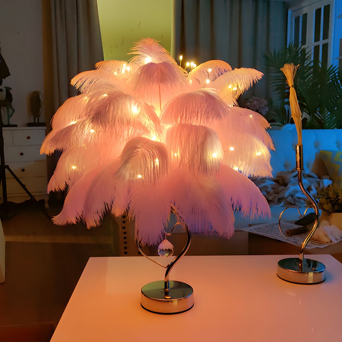 Table Lamp with Feather Shade LED Romantic Style | Kalira
