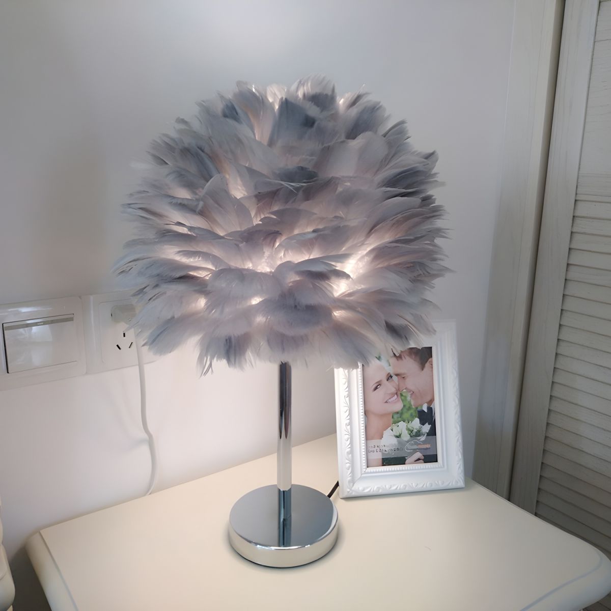 Table Lamp with Feather Shade Modern Bedside | Felira