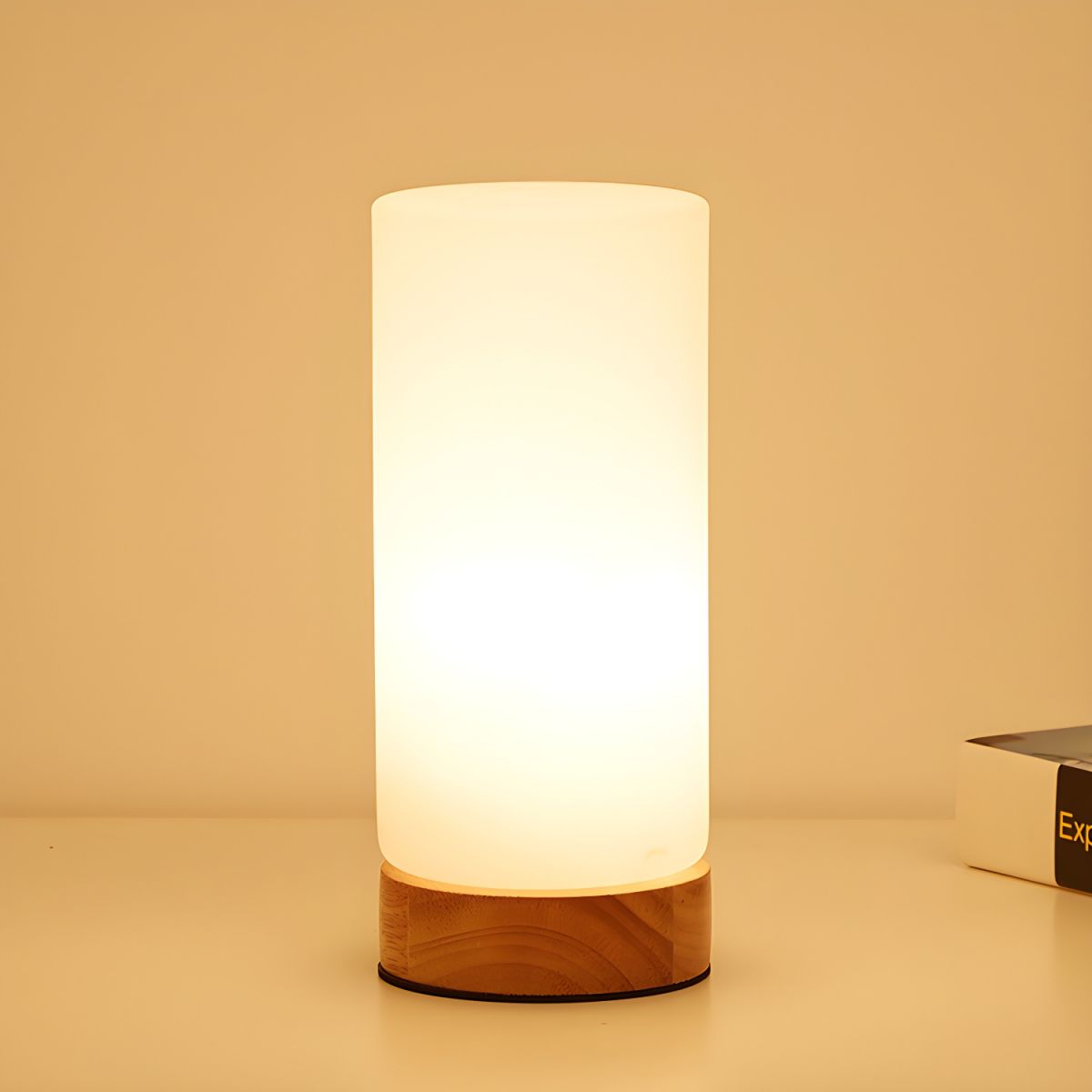 Table Lamp with Glass Cylinder Shade Industrial Wood | Selvion