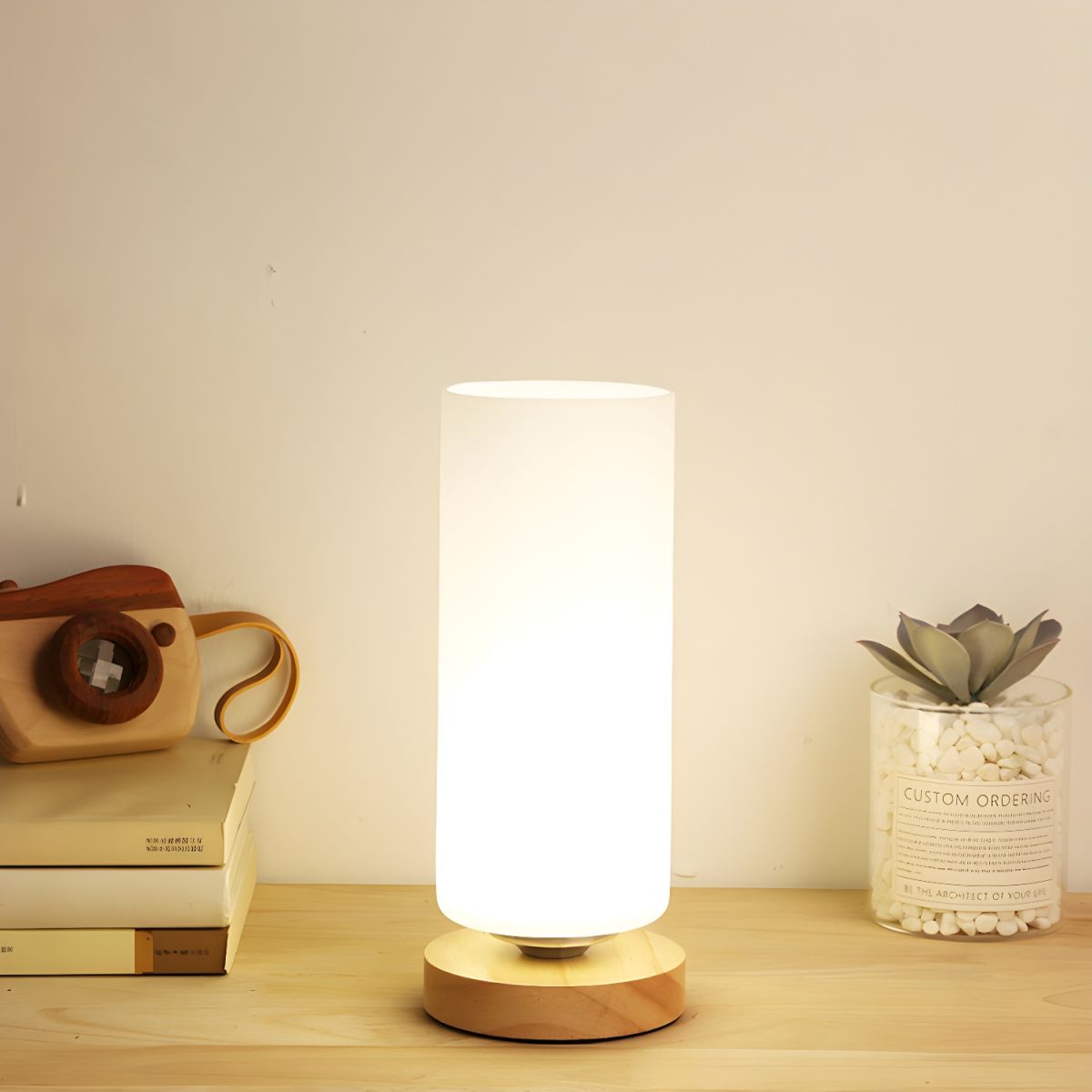 Table Lamp with Glass Cylinder Shade Industrial Wood | Selvion