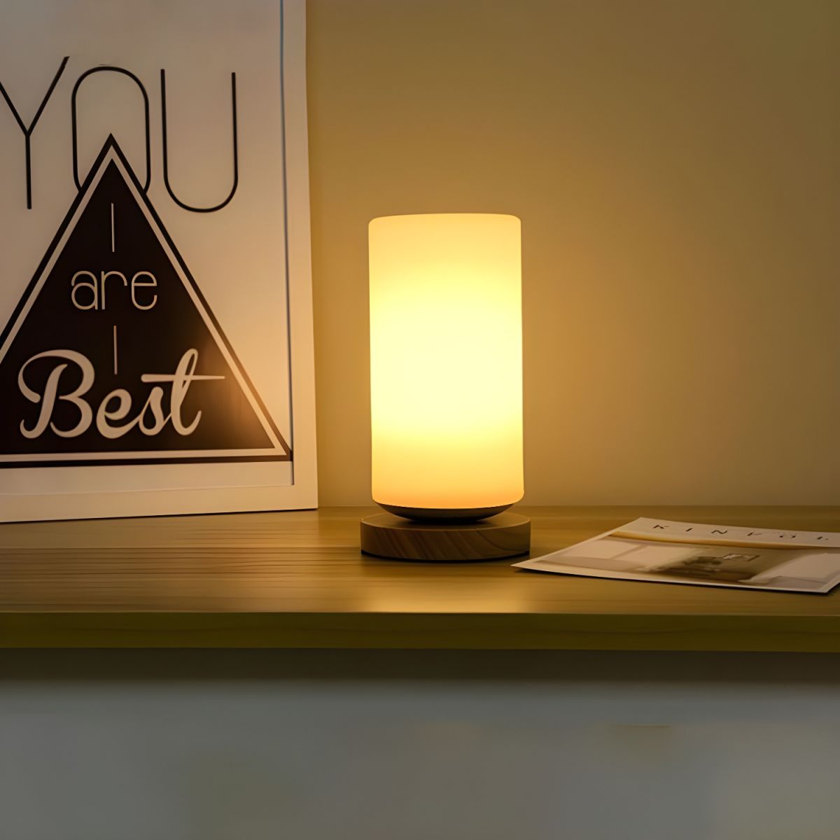 Table Lamp with Glass Cylinder Shade Industrial Wood | Selvion