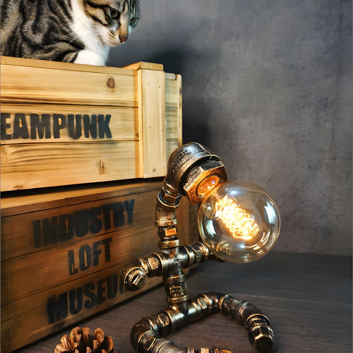 Table Lamp with Metal Frame Industrial Steampunk Style | Robano