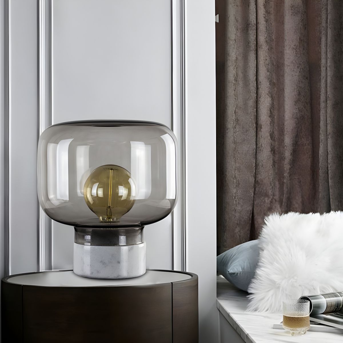Table Lamp with Smoked Glass Drum Nordic Design | Averin