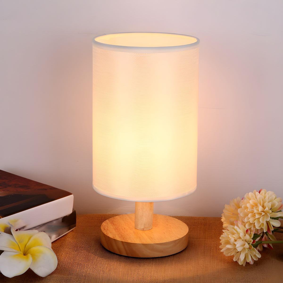 Table Lamp with Solid Wood Base Modern Fabric Shade | Qirvan