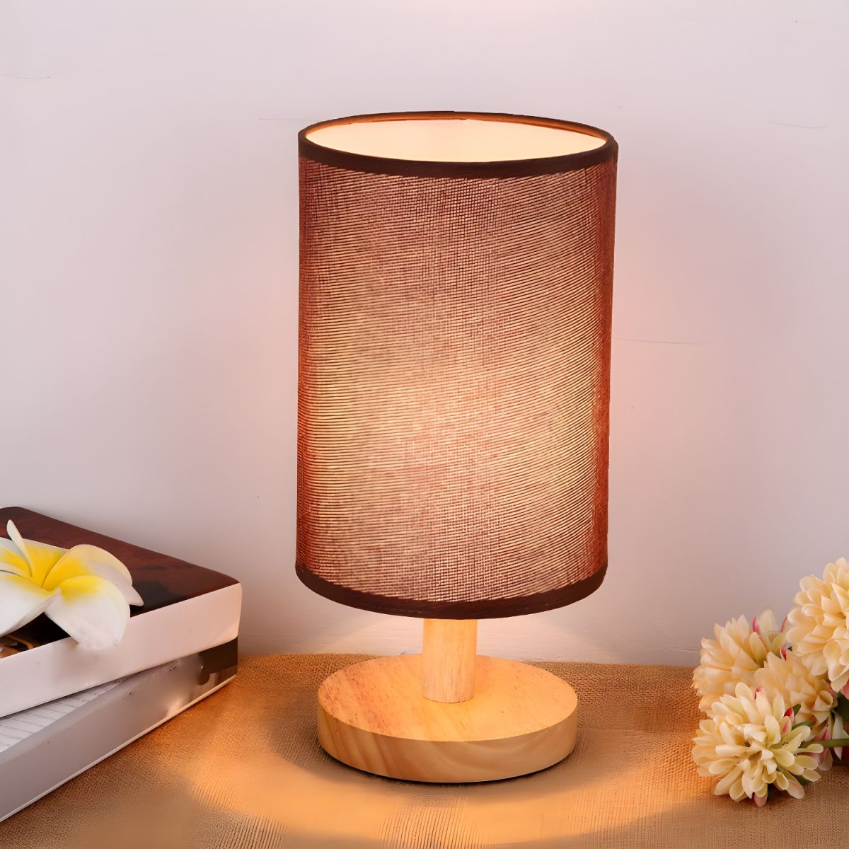 Table Lamp with Solid Wood Base Modern Fabric Shade | Qirvan