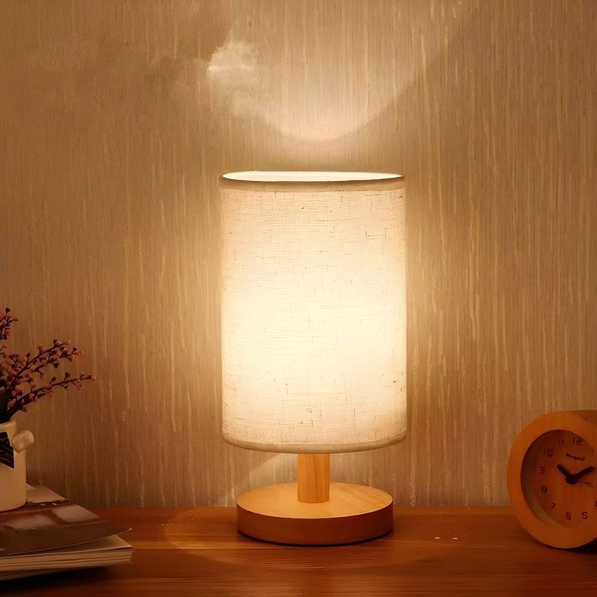 Table Lamp with Solid Wood Base Modern Fabric Shade | Qirvan