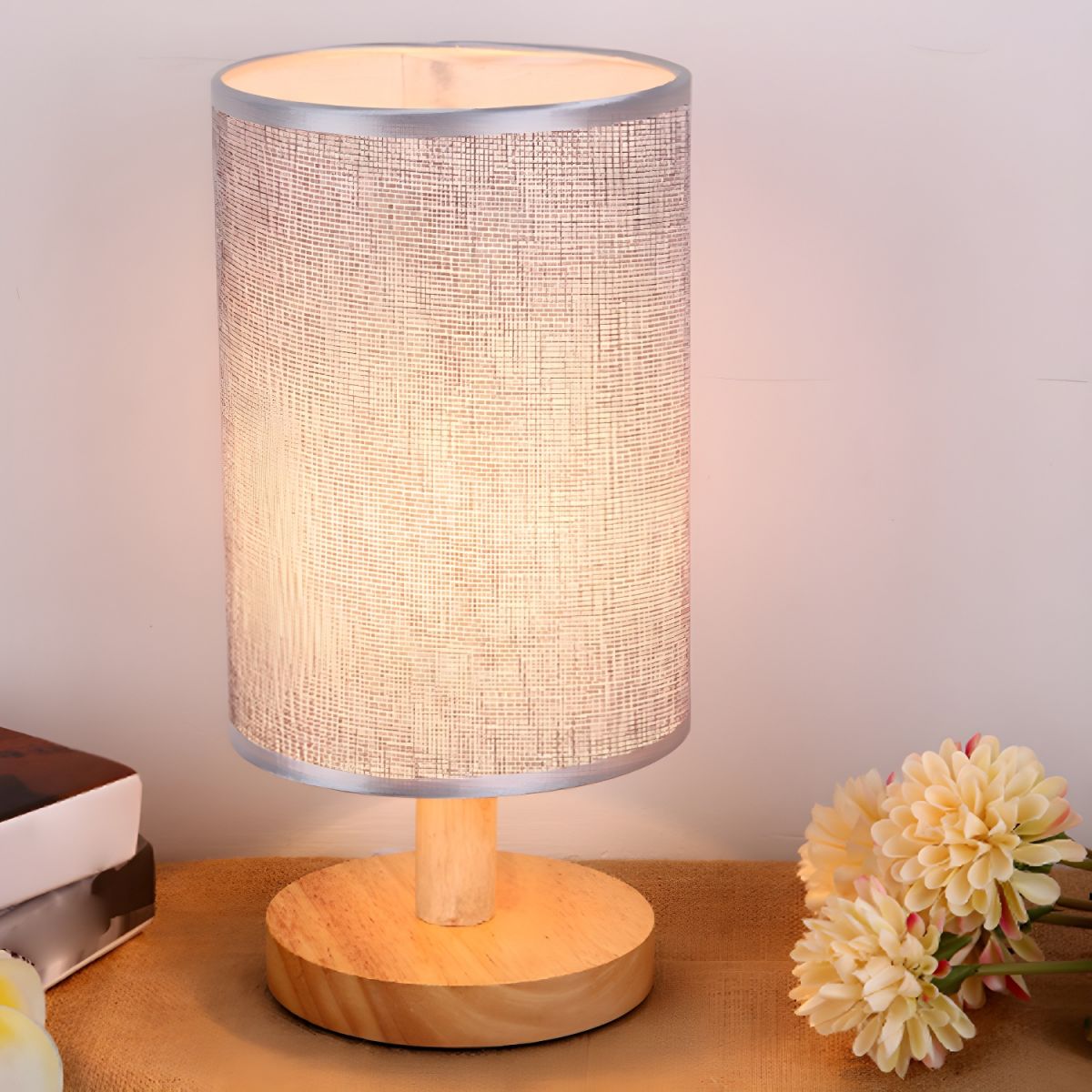 Table Lamp with Solid Wood Base Modern Fabric Shade | Qirvan