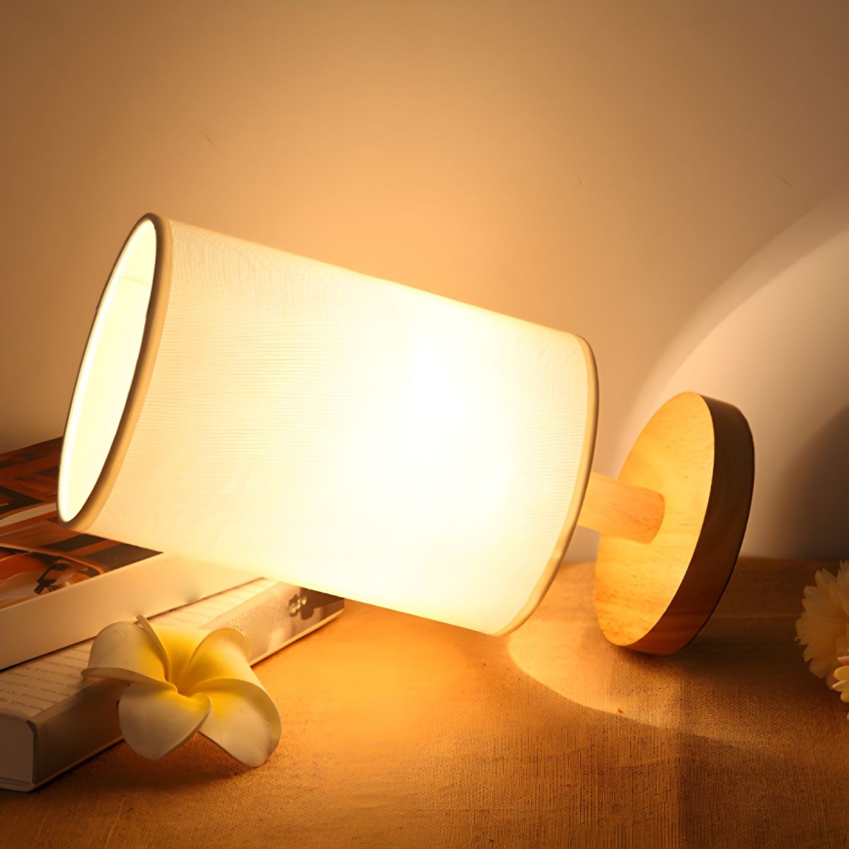 Table Lamp with Solid Wood Base Modern Fabric Shade | Qirvan