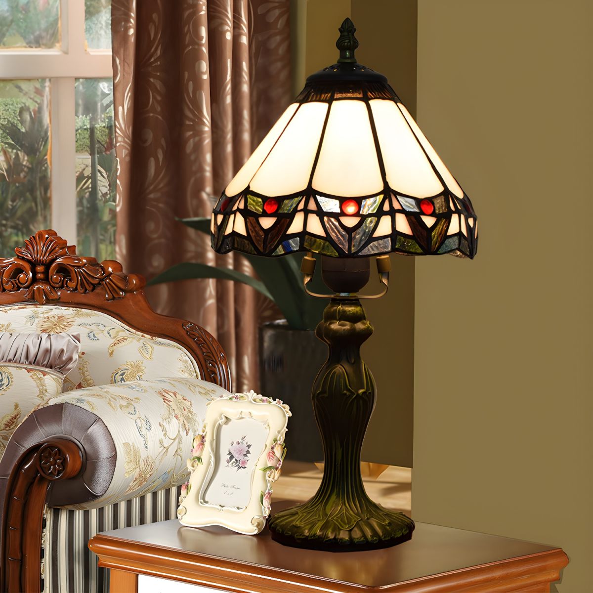 Table Lamp with Stained Glass Conical Shade Tiffany Style | Calviro