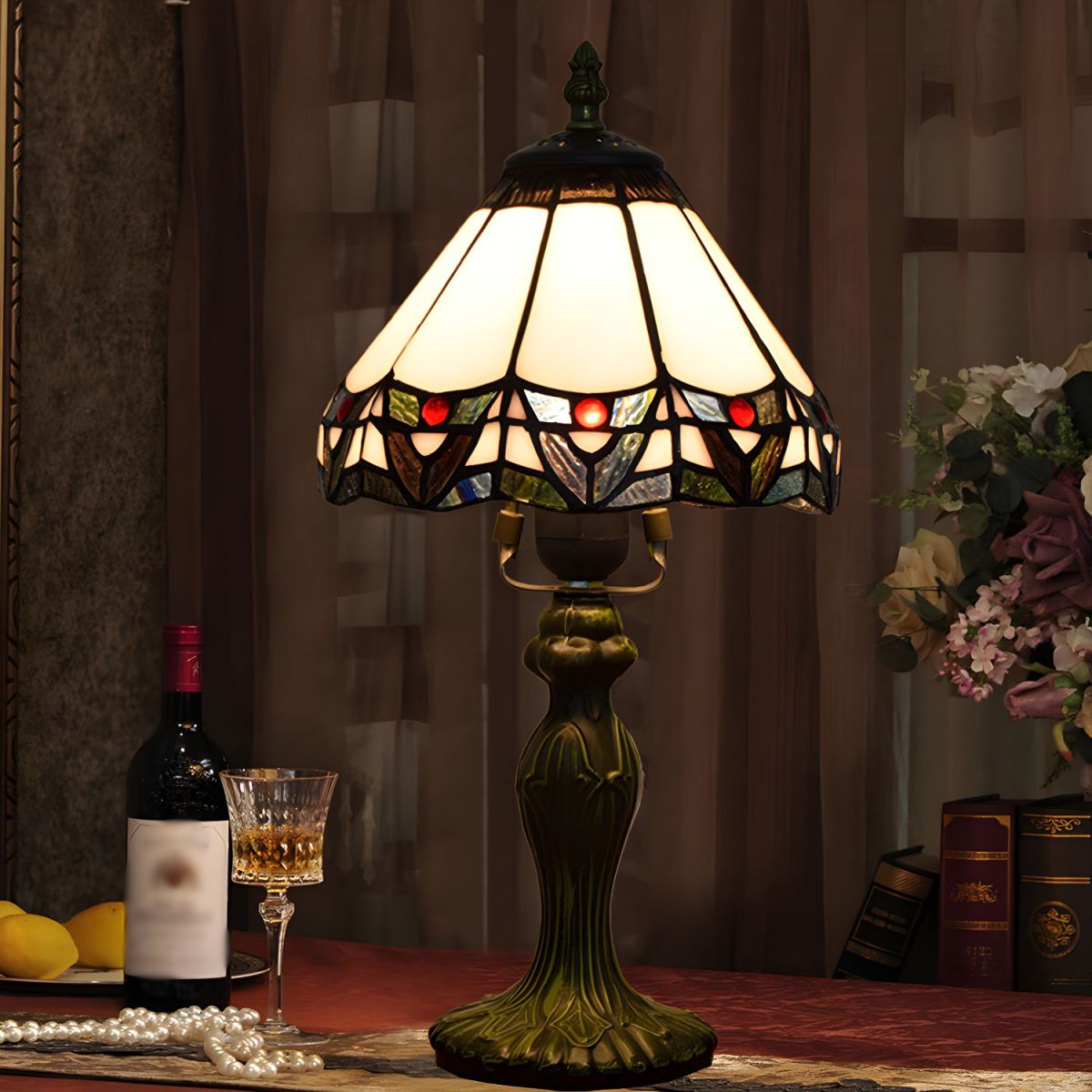 Table Lamp with Stained Glass Conical Shade Tiffany Style | Calviro