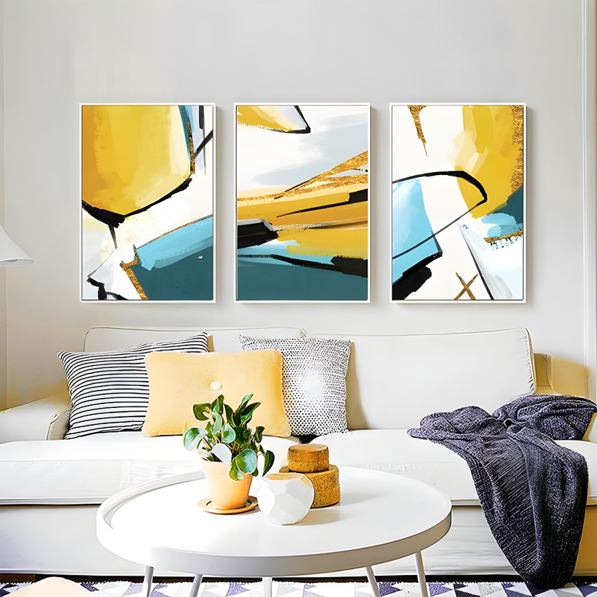 Canvas Wall Art 3 Piece Set Yellow Teal Modern | Zalvero