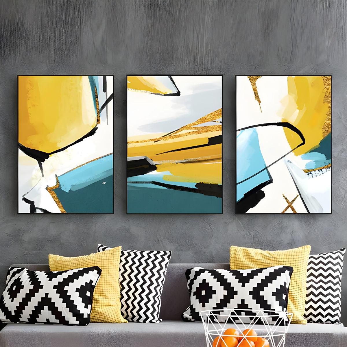 Canvas Wall Art 3 Piece Set Yellow Teal Modern | Zalvero