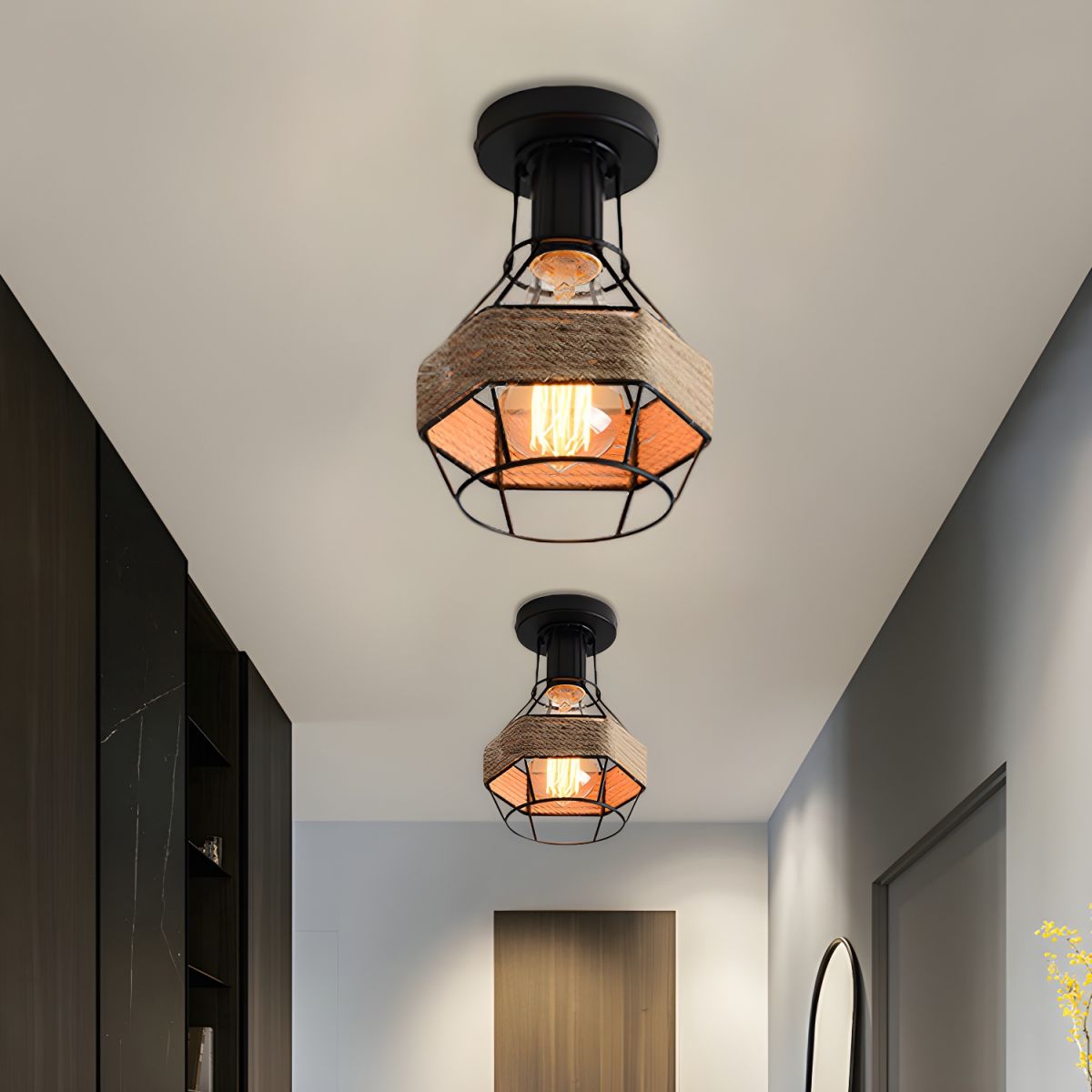 Industrial Globe Cage Ceiling Light with Rope Accent – BritDwell