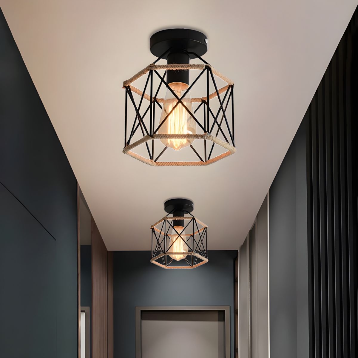 Hexagon Ceiling Light Industrial Metal and Rope | Metal Rope Ceiling ...