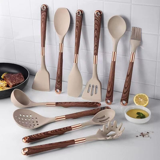 Cooking Set Silicone Utensils 10 Pieces Wood Look Modern | Silano