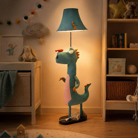Floor Lamp Blue Fabric Shade Kids Dinosaur Design | Dinolux