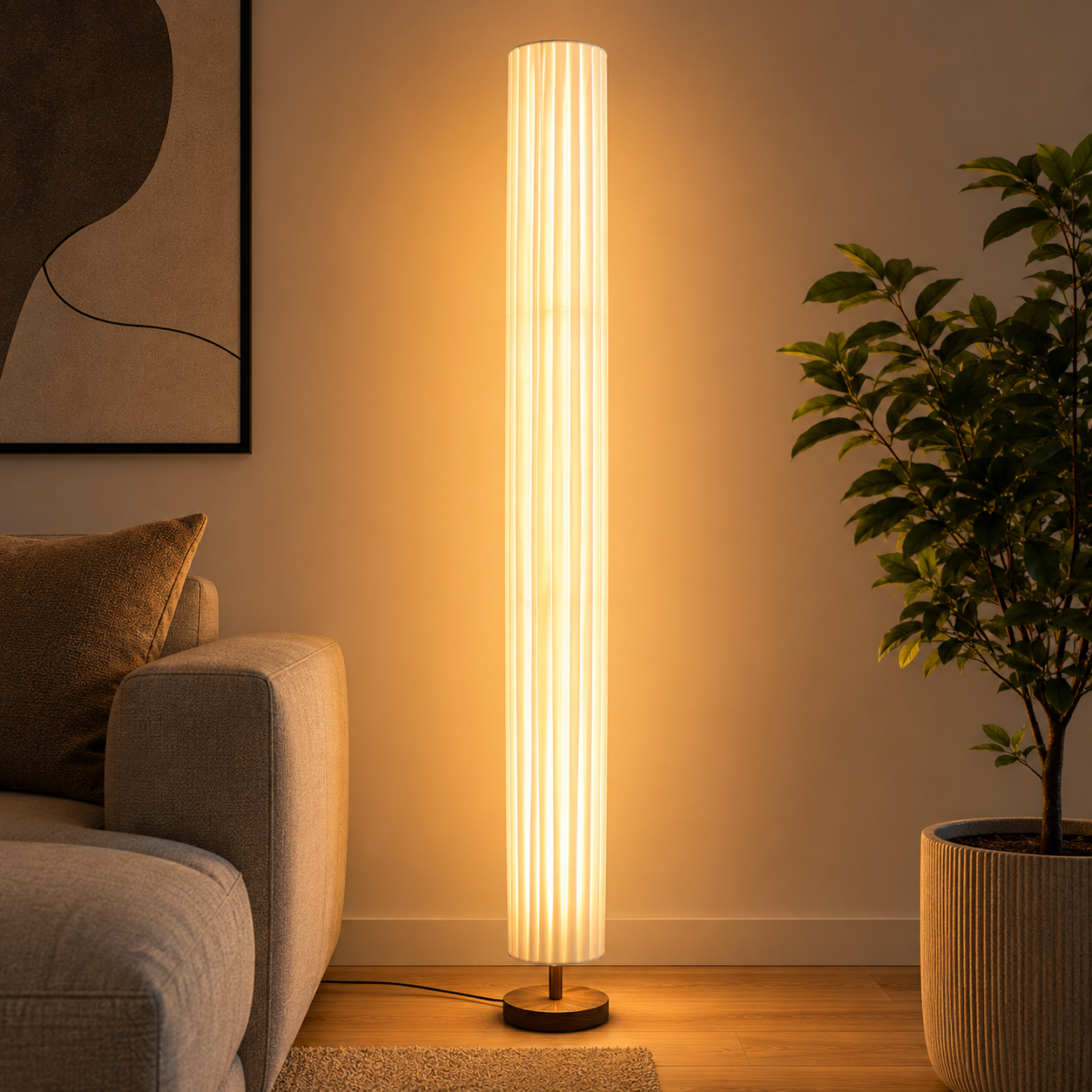 Floor Lamp LED Wood Column with Fabric Shade Modern | Lapora