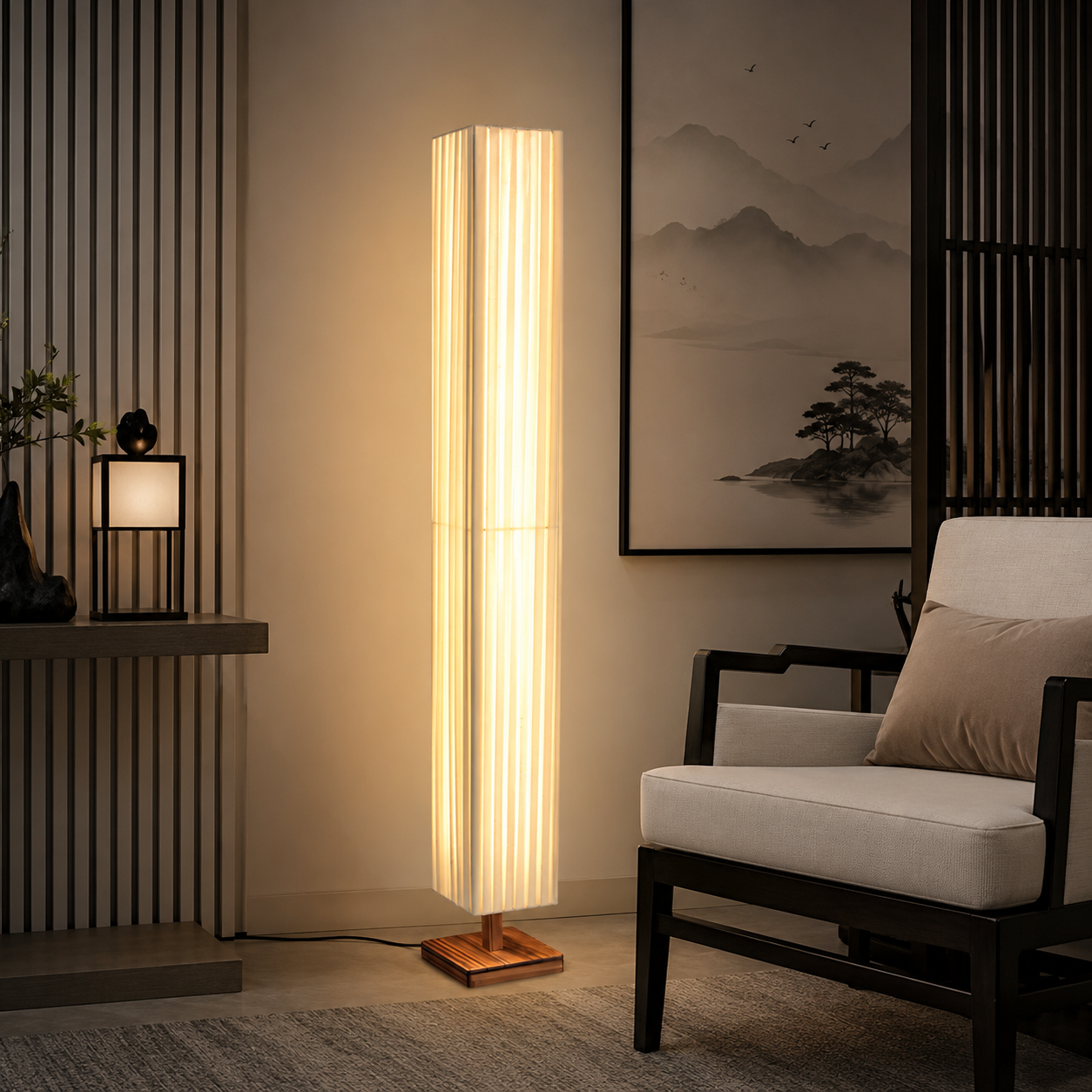 Floor Lamp LED Wood Column with Fabric Shade Modern | Lapora