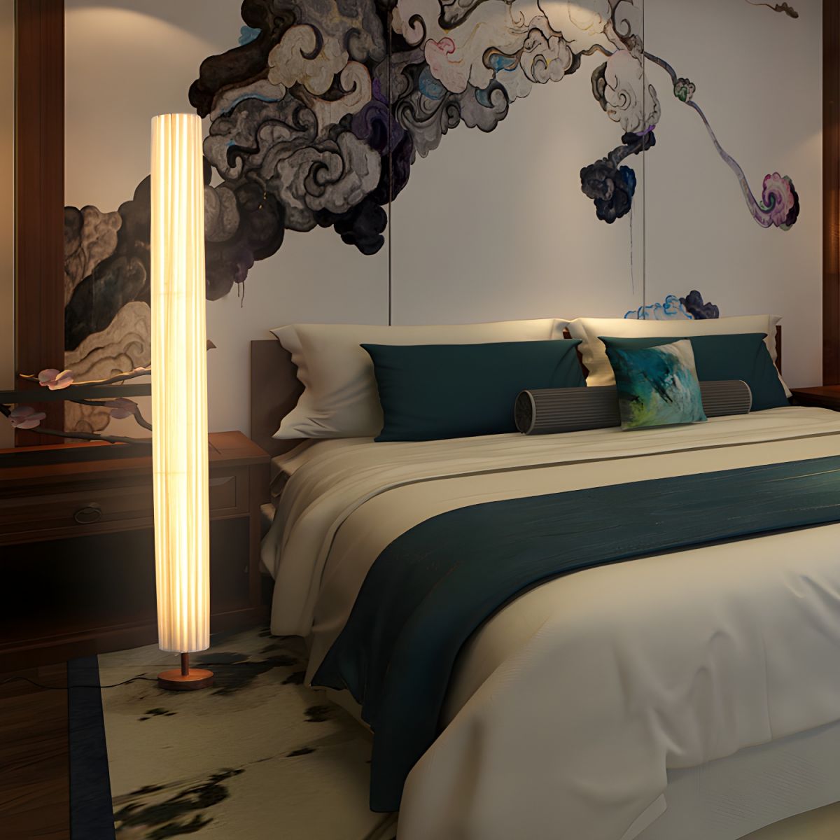 Floor Lamp LED Wood Column with Fabric Shade Modern | Lapora