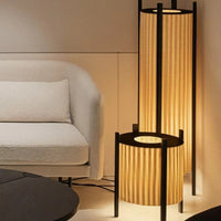 Floor Lamp Wood Grid with Fabric Shade Wabi Sabi Style | Ramiko