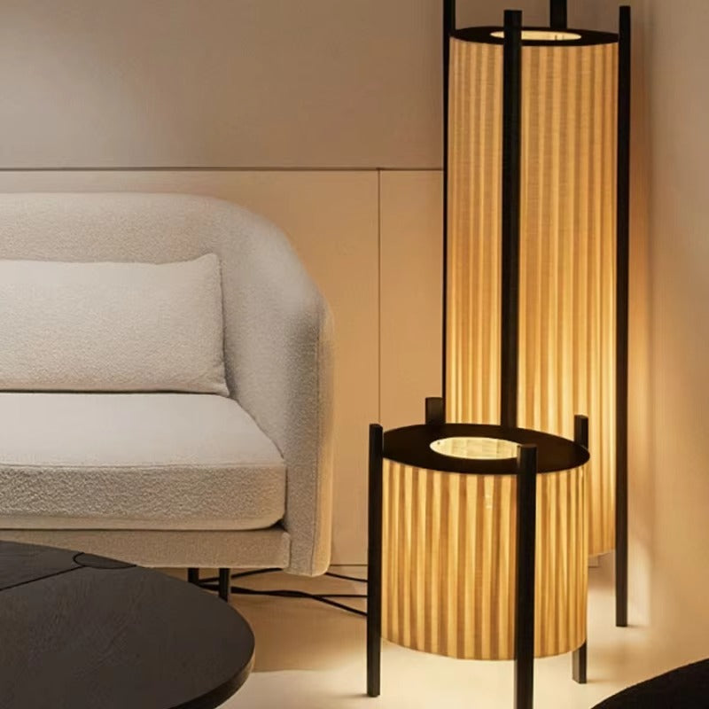 Floor Lamp Wood Grid with Fabric Shade Wabi Sabi Style | Ramiko