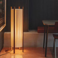Floor Lamp Wood Grid with Fabric Shade Wabi Sabi Style | Ramiko