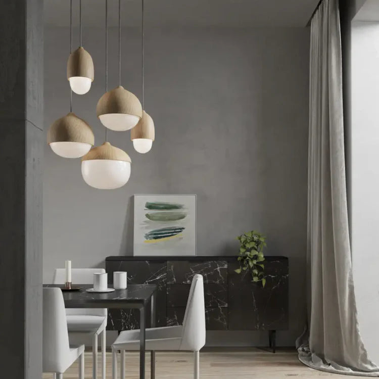 Pendant Light Frosted Glass with Faux Wood Scandinavian Style | Moonra