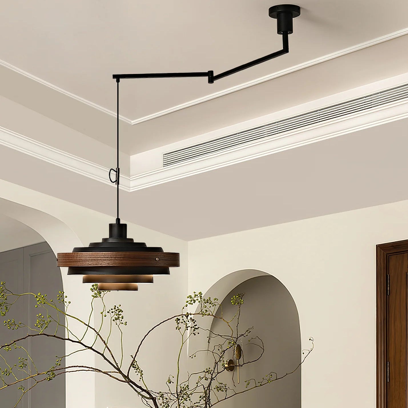 Pendant Light Swing Arm Wood Metal Industrial Style | Rancho