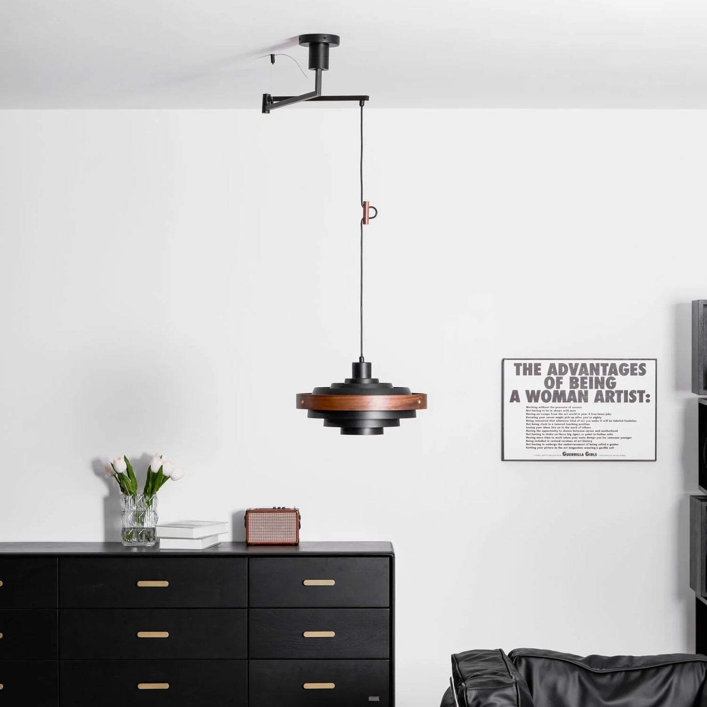 Pendant Light Swing Arm Wood Metal Industrial Style | Rancho