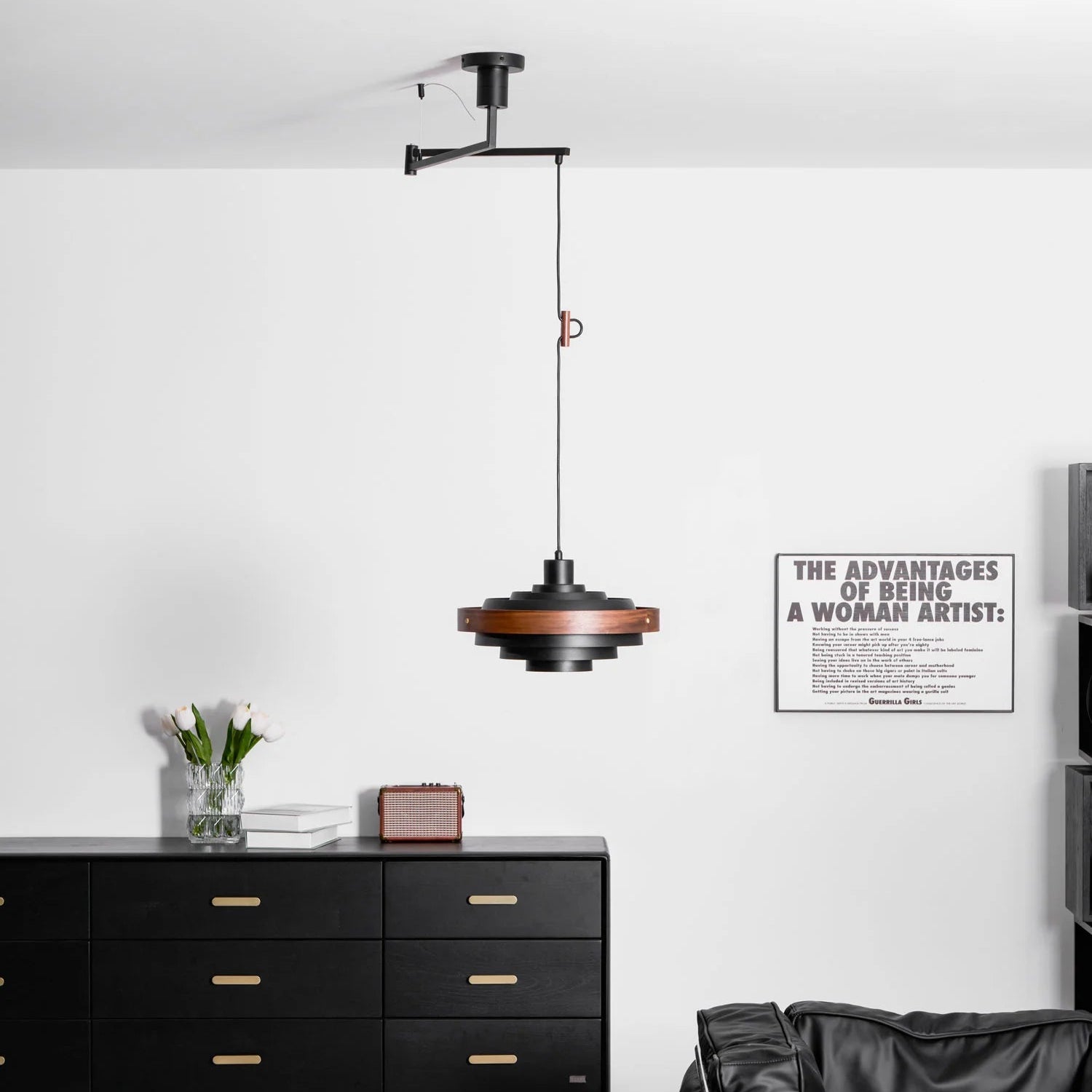 Pendant Light Swing Arm Wood Metal Industrial Style | Rancho