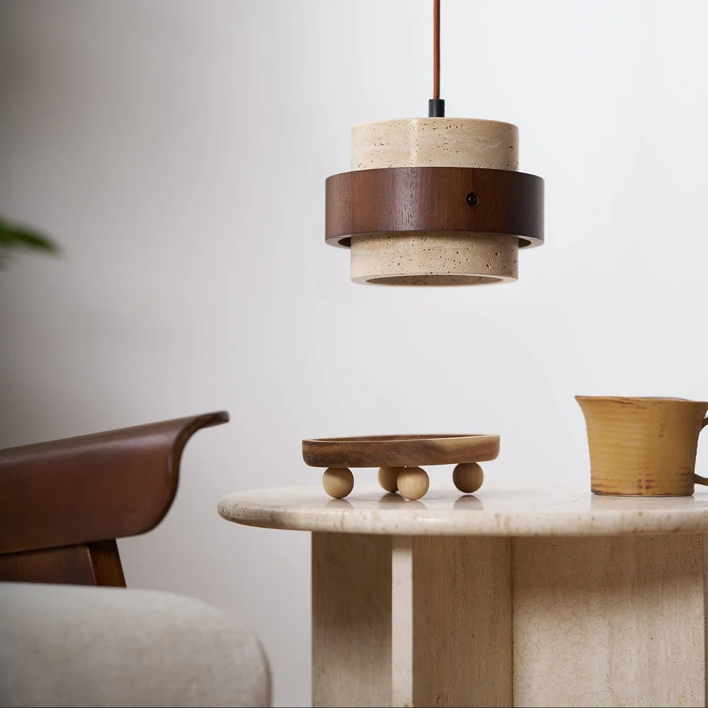 Pendant Light Travertine Stone with Walnut Detail Modern | Travere