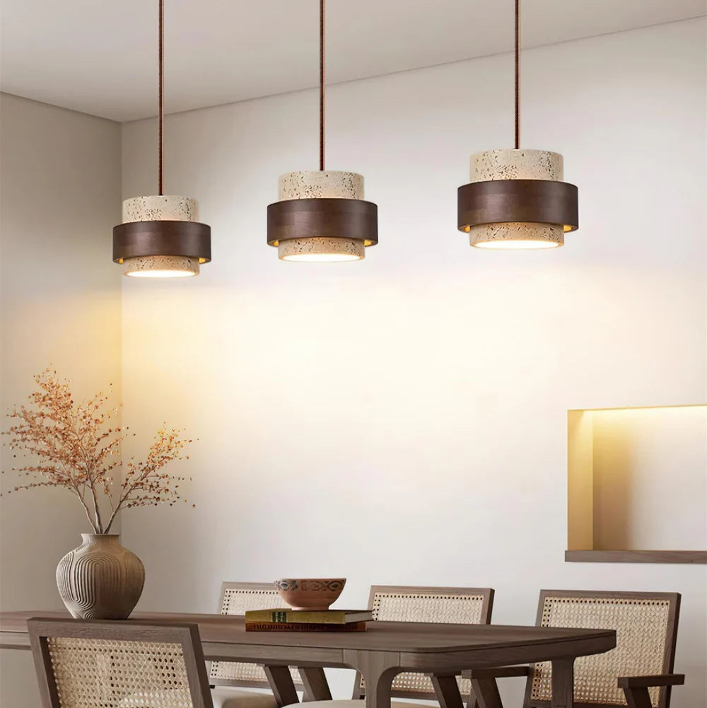 Pendant Light Travertine Stone with Walnut Detail Modern | Travere