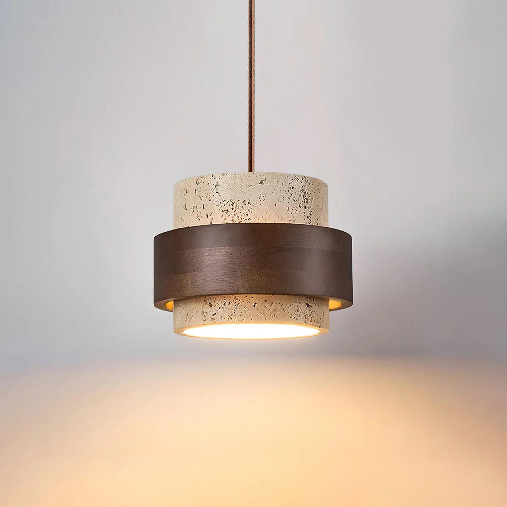 Pendant Light Travertine Stone with Walnut Detail Modern | Travere