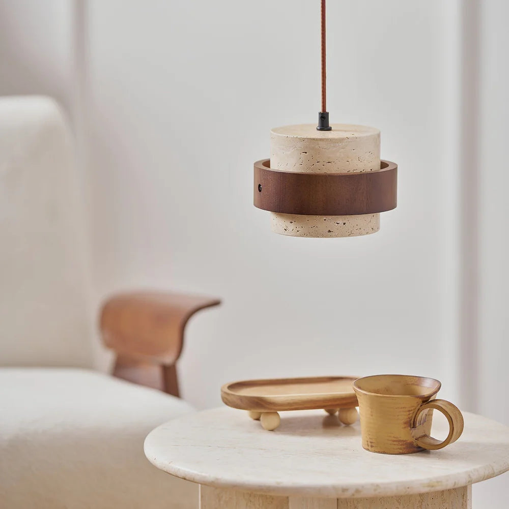 Pendant Light Travertine Stone with Walnut Detail Modern | Travere
